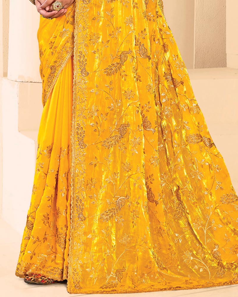 Vishal Prints Golden Yellow Designer Fancy Satin Saree With Zari-Embroidery Work And Cut Work Border