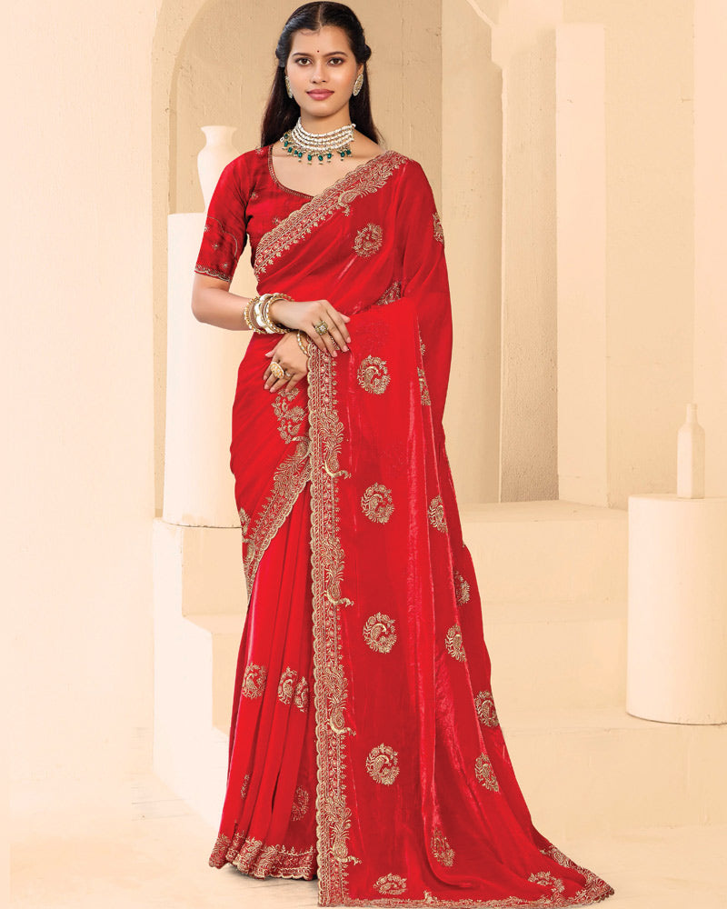 Vishal Prints Venetian Red Designer Fancy Satin Saree With Zari-Embroidery Work And Cut Work Border