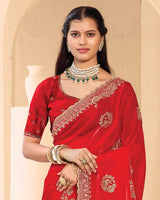 Vishal Prints Venetian Red Designer Fancy Satin Saree With Zari-Embroidery Work And Cut Work Border