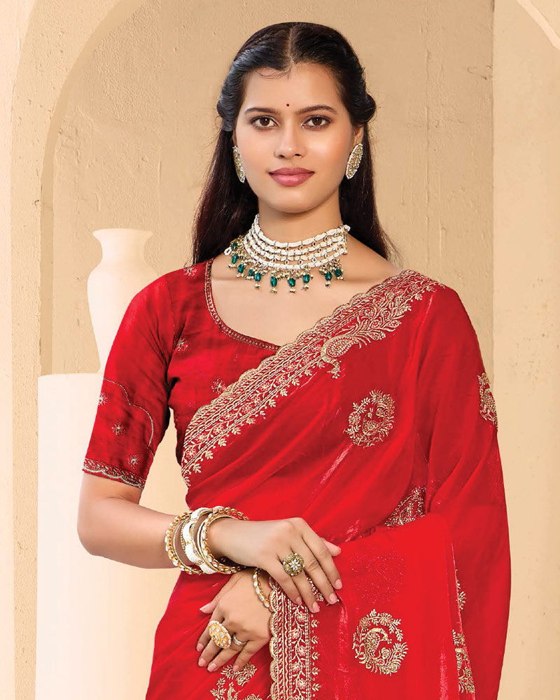 Vishal Prints Venetian Red Designer Fancy Satin Saree With Zari-Embroidery Work And Cut Work Border