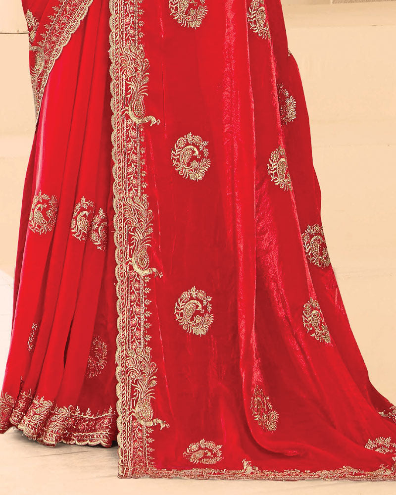Vishal Prints Venetian Red Designer Fancy Satin Saree With Zari-Embroidery Work And Cut Work Border