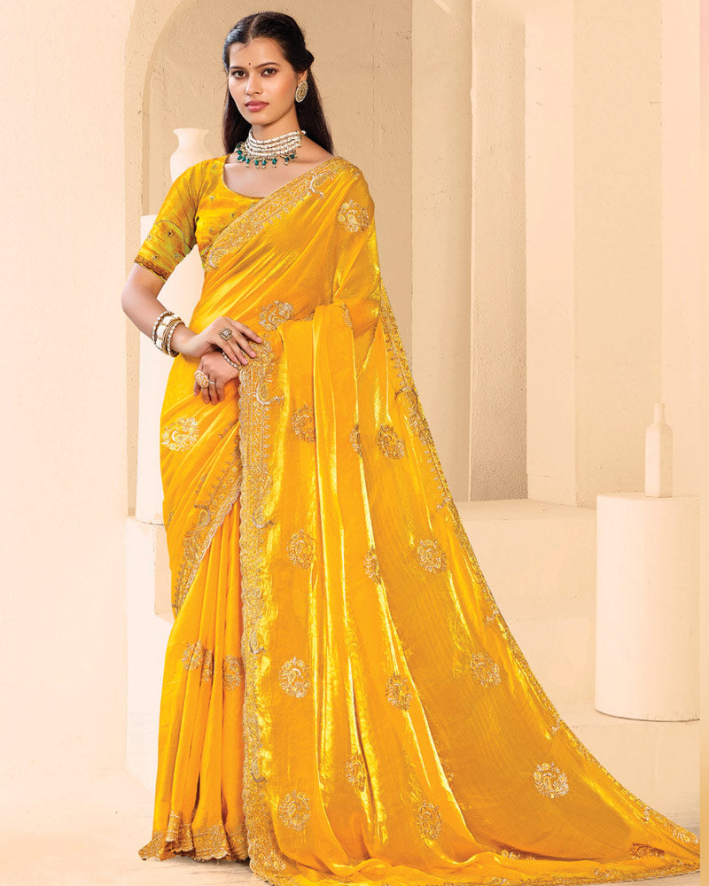 Vishal Prints Golden Yellow Designer Fancy Satin Saree With Zari-Embroidery Work And Cut Work Border