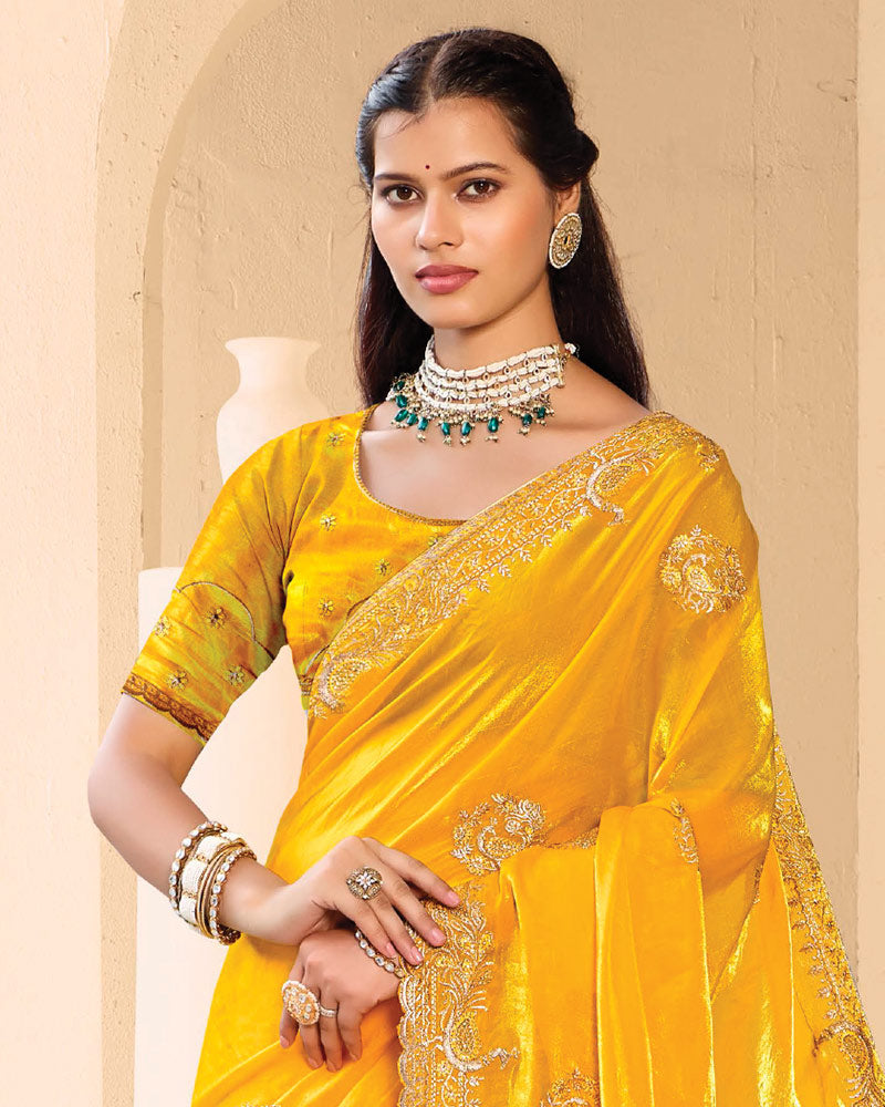 Vishal Prints Golden Yellow Designer Fancy Satin Saree With Zari-Embroidery Work And Cut Work Border