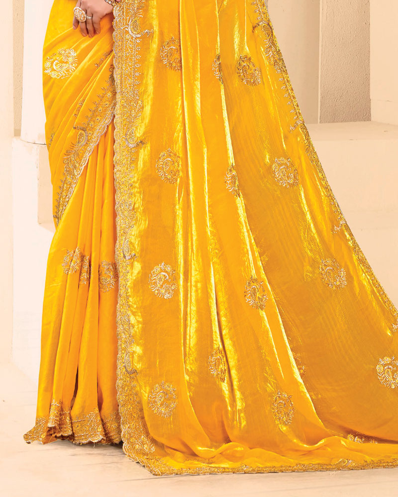 Vishal Prints Golden Yellow Designer Fancy Satin Saree With Zari-Embroidery Work And Cut Work Border