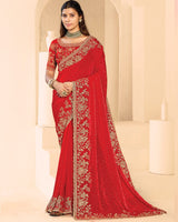 Vishal Prints Venetian Red Designer Fancy Satin Saree With Zari-Embroidery Work And Cut Work Border