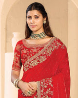 Vishal Prints Venetian Red Designer Fancy Satin Saree With Zari-Embroidery Work And Cut Work Border