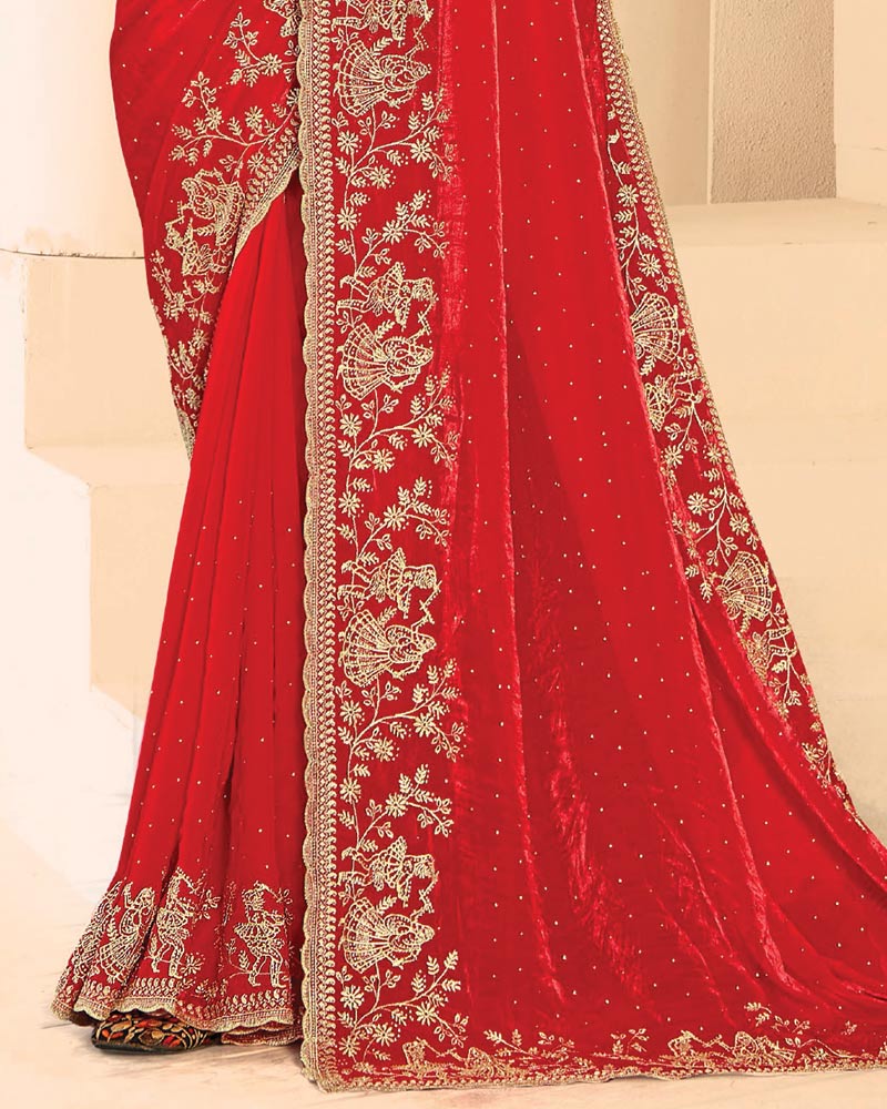 Vishal Prints Venetian Red Designer Fancy Satin Saree With Zari-Embroidery Work And Cut Work Border