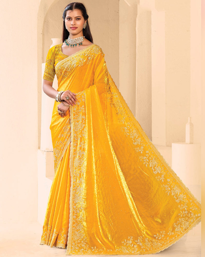Vishal Prints Golden Yellow Designer Fancy Satin Saree With Zari-Embroidery Work And Cut Work Border