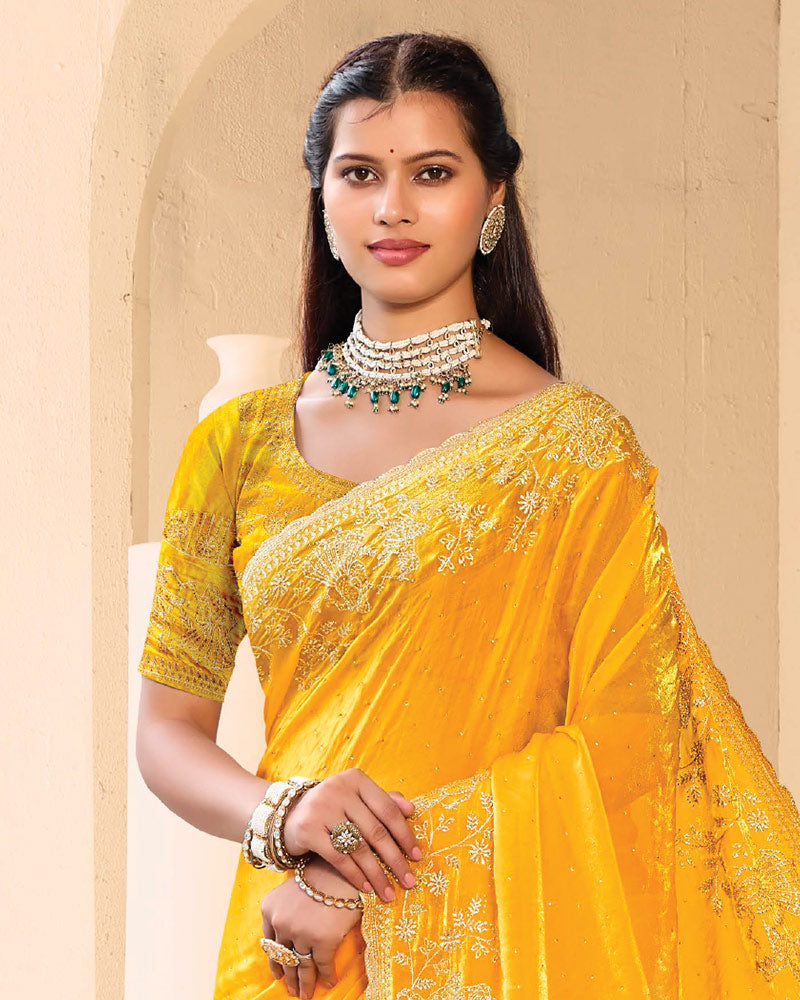 Vishal Prints Golden Yellow Designer Fancy Satin Saree With Zari-Embroidery Work And Cut Work Border