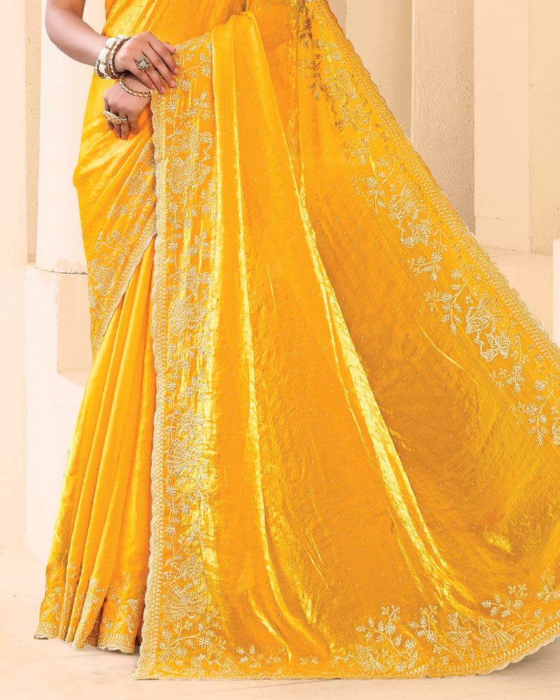 Vishal Prints Golden Yellow Designer Fancy Satin Saree With Zari-Embroidery Work And Cut Work Border
