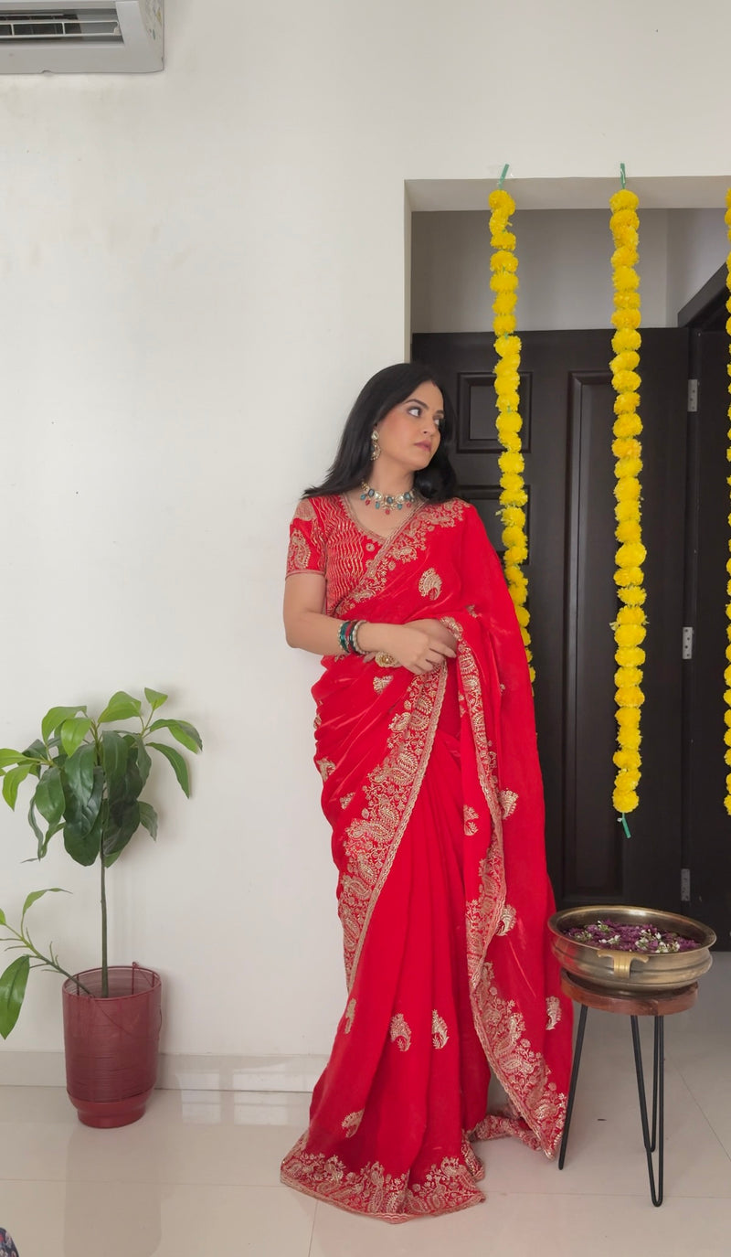 Vishal Prints Venetian Red Designer Fancy Satin Saree With Zari-Embroidery Work And Cut Work Border