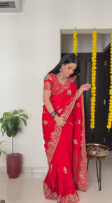 Vishal Prints Venetian Red Designer Fancy Satin Saree With Zari-Embroidery Work And Cut Work Border