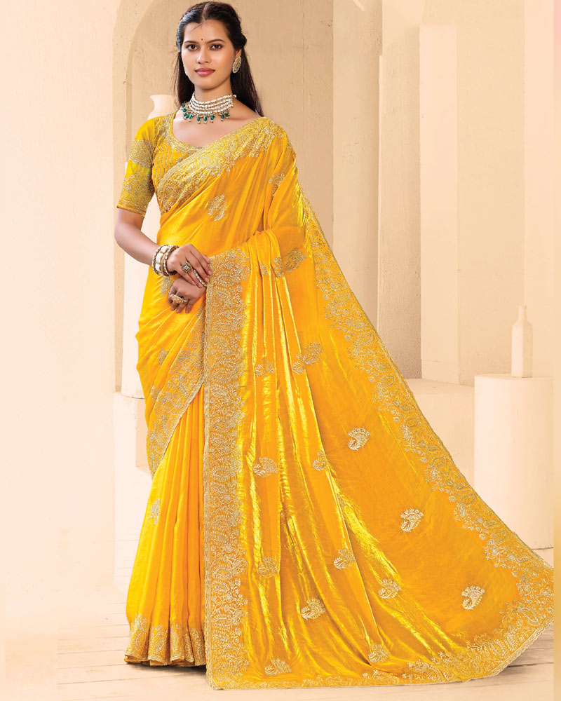 Vishal Prints Golden Yellow Designer Fancy Satin Saree With Zari-Embroidery Work And Cut Work Border