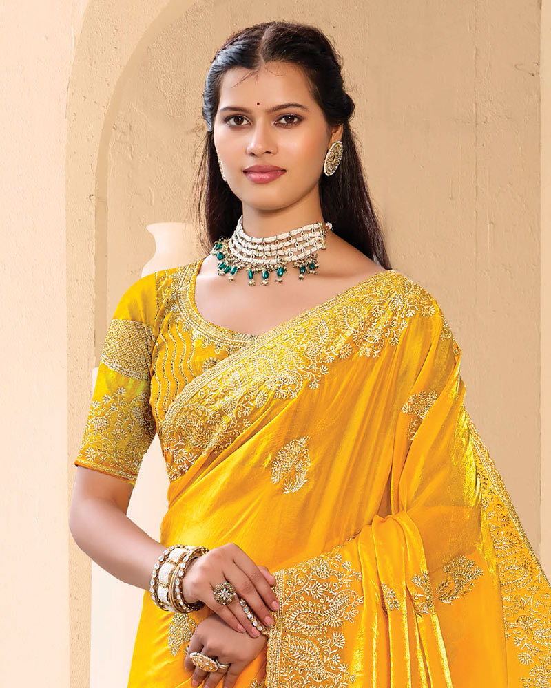 Vishal Prints Golden Yellow Designer Fancy Satin Saree With Zari-Embroidery Work And Cut Work Border