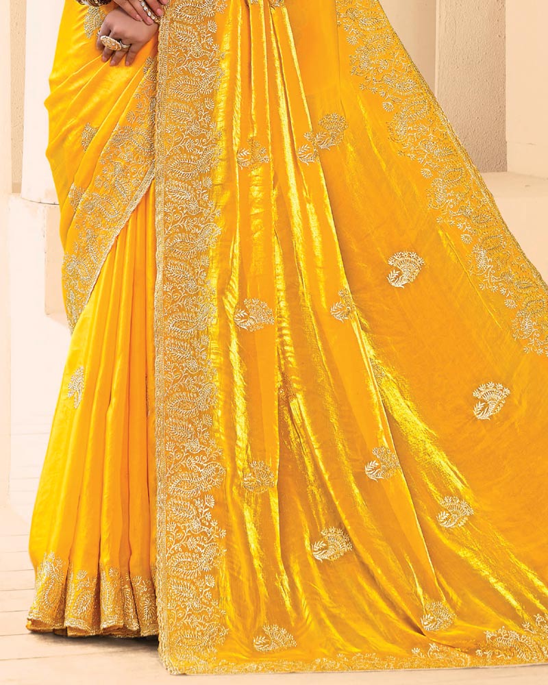 Vishal Prints Golden Yellow Designer Fancy Satin Saree With Zari-Embroidery Work And Cut Work Border