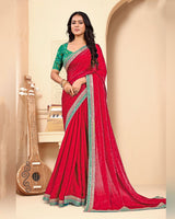Pinkish Red Designer Fancy Satin Saree With Zari-Embroidery-Diamond Work And Border