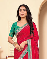 Pinkish Red Designer Fancy Satin Saree With Zari-Embroidery-Diamond Work And Border