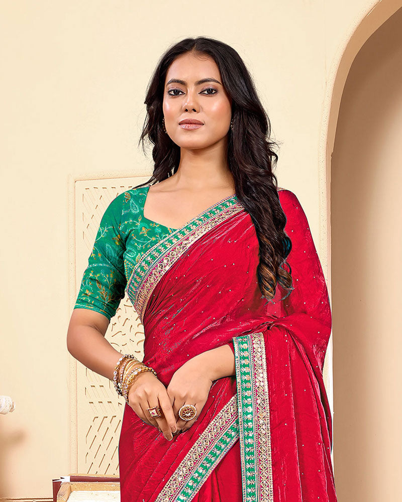Pinkish Red Designer Fancy Satin Saree With Zari-Embroidery-Diamond Work And Border