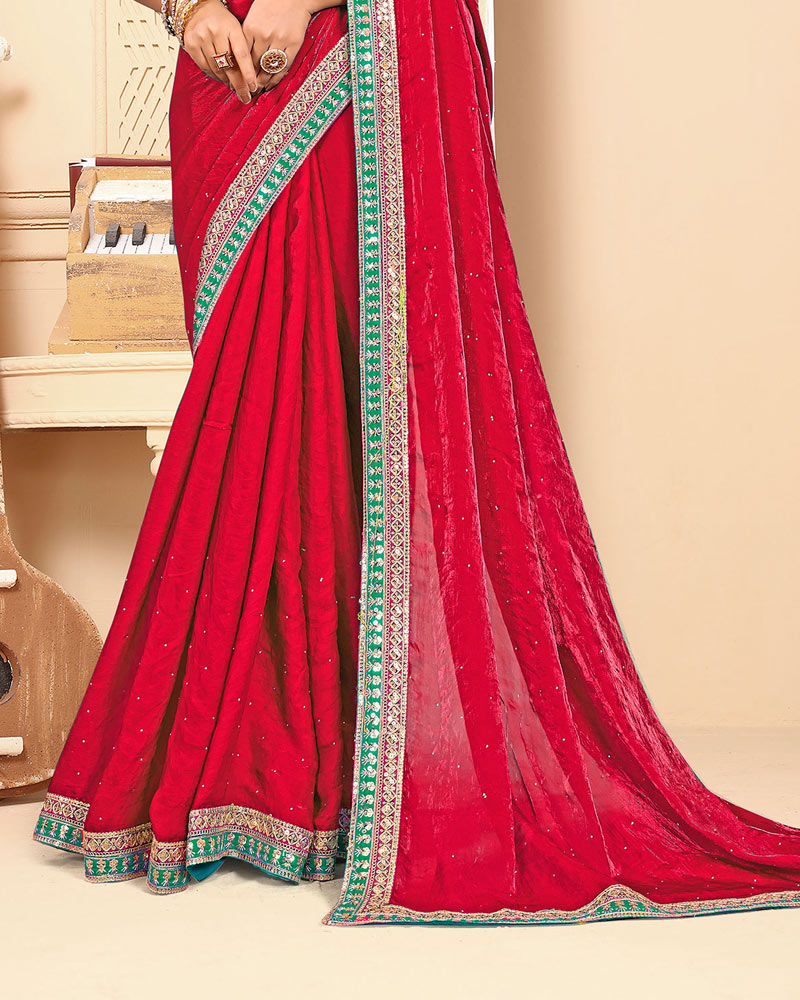 Pinkish Red Designer Fancy Satin Saree With Zari-Embroidery-Diamond Work And Border