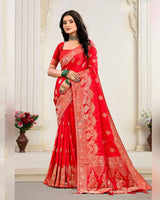 Cherry Red Designer Dola Silk Saree With Zari Weaving-Diamond Work And Tassel