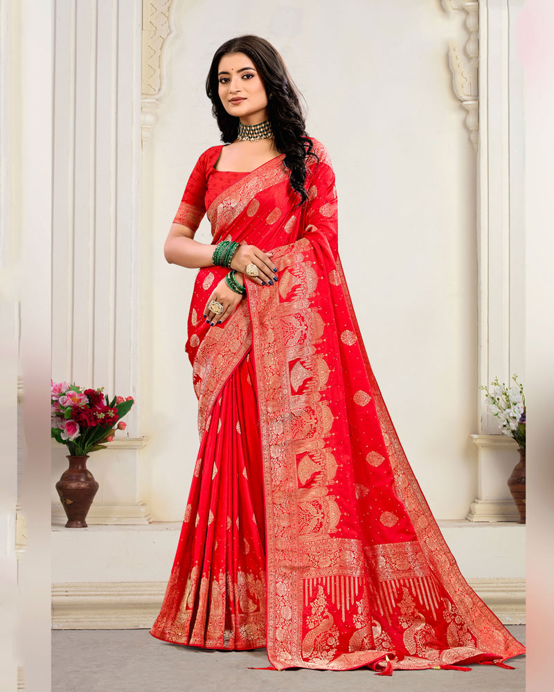 Cherry Red Designer Dola Silk Saree With Zari Weaving-Diamond Work And Tassel