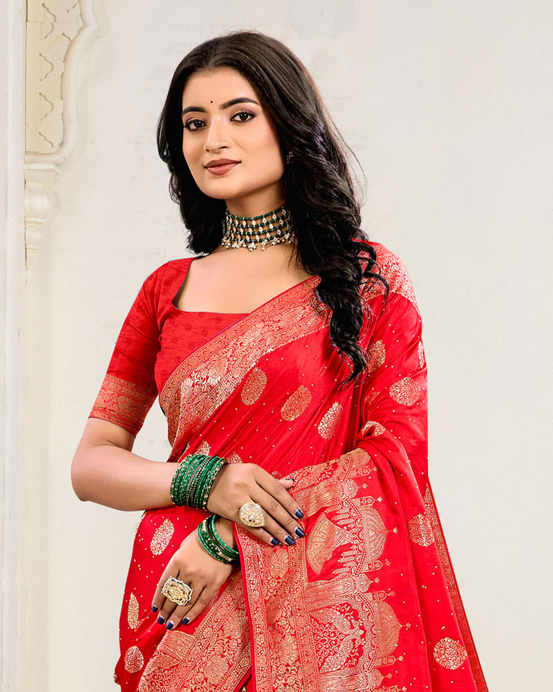 Cherry Red Designer Dola Silk Saree With Zari Weaving-Diamond Work And Tassel
