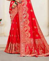 Cherry Red Designer Dola Silk Saree With Zari Weaving-Diamond Work And Tassel