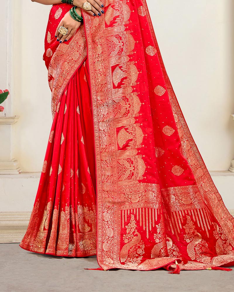 Cherry Red Designer Dola Silk Saree With Zari Weaving-Diamond Work And Tassel