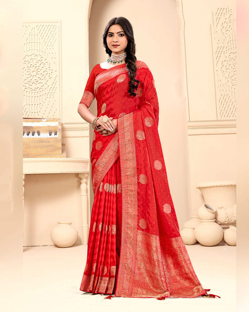 Persian Red Designer Dola Silk Saree With Zari Weaving-Diamond Work And Tassel