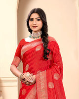 Persian Red Designer Dola Silk Saree With Zari Weaving-Diamond Work And Tassel