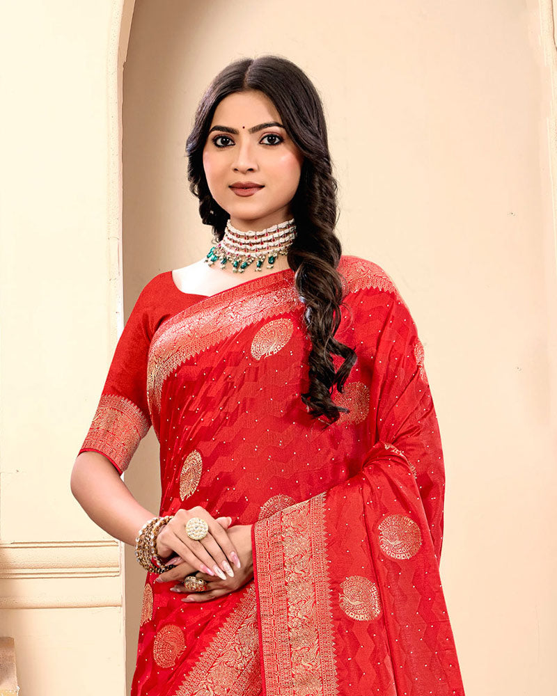 Persian Red Designer Dola Silk Saree With Zari Weaving-Diamond Work And Tassel