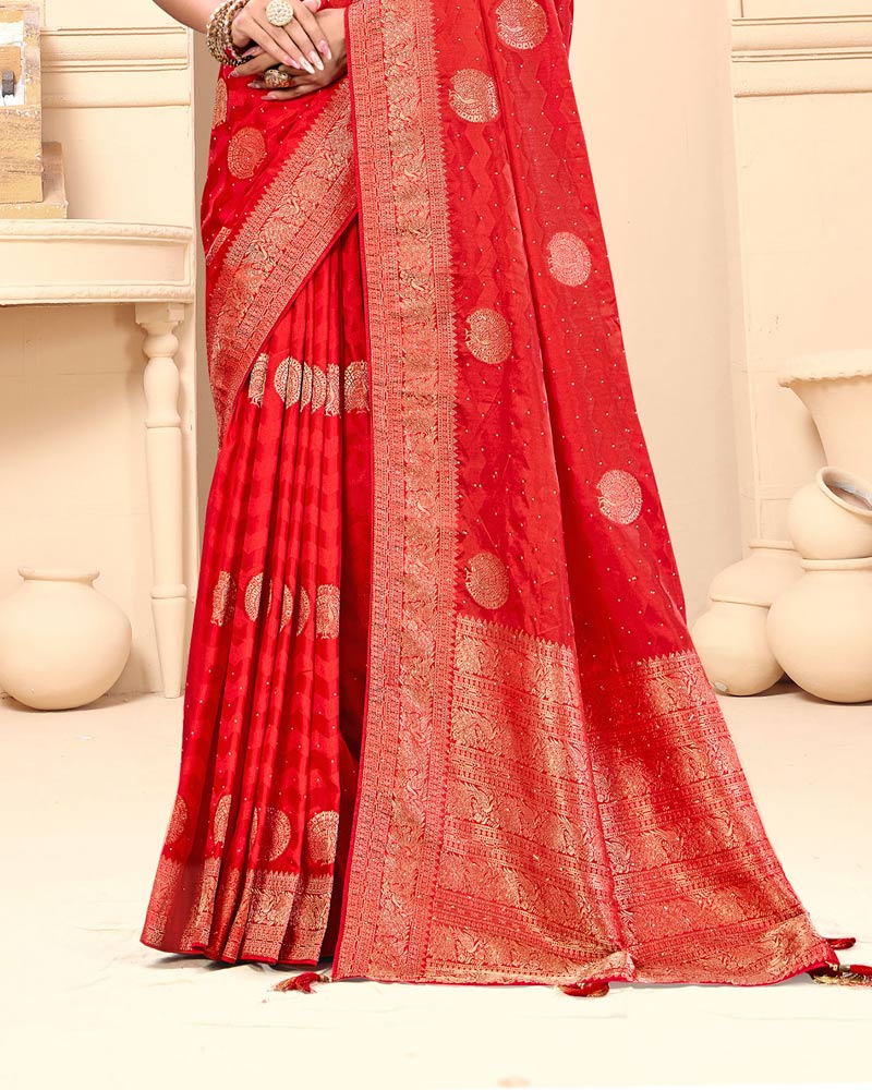 Persian Red Designer Dola Silk Saree With Zari Weaving-Diamond Work And Tassel