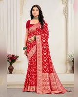 Lipstick Red Designer Dola Silk Saree With Zari Weaving-Diamond Work And Tassel