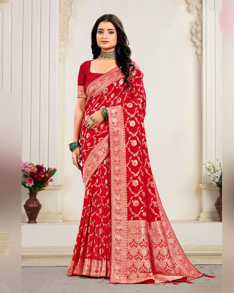 Lipstick Red Designer Dola Silk Saree With Zari Weaving-Diamond Work And Tassel