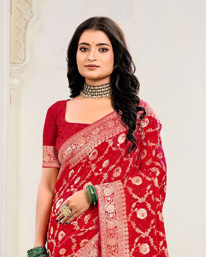 Lipstick Red Designer Dola Silk Saree With Zari Weaving-Diamond Work And Tassel