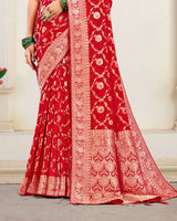 Lipstick Red Designer Dola Silk Saree With Zari Weaving-Diamond Work And Tassel