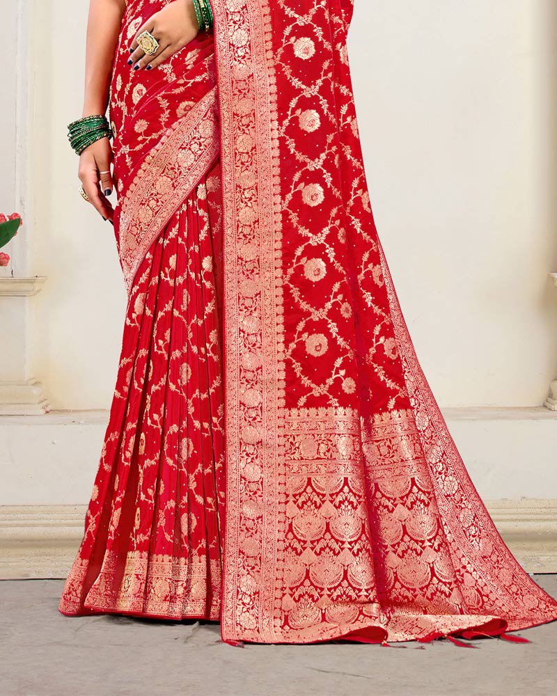 Lipstick Red Designer Dola Silk Saree With Zari Weaving-Diamond Work And Tassel