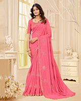 Rosy Pink Designer Fancy Chiffon Saree With Zari-Embroidery-Diamond Work And Cut Work Border