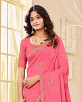 Rosy Pink Designer Fancy Chiffon Saree With Zari-Embroidery-Diamond Work And Cut Work Border