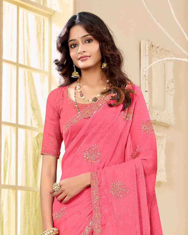Rosy Pink Designer Fancy Chiffon Saree With Zari-Embroidery-Diamond Work And Cut Work Border