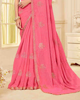 Rosy Pink Designer Fancy Chiffon Saree With Zari-Embroidery-Diamond Work And Cut Work Border