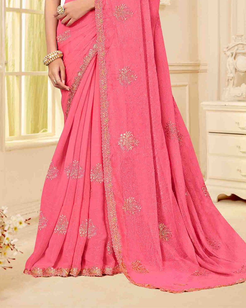 Rosy Pink Designer Fancy Chiffon Saree With Zari-Embroidery-Diamond Work And Cut Work Border