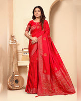 Cadmium Red Designer Dola Silk Saree With Zari Weaving-Diamond Work And Tassel