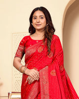 Cadmium Red Designer Dola Silk Saree With Zari Weaving-Diamond Work And Tassel