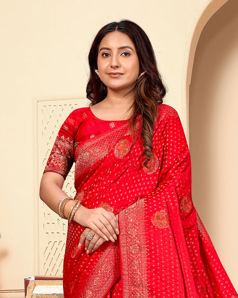 Cadmium Red Designer Dola Silk Saree With Zari Weaving-Diamond Work And Tassel