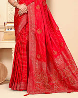 Cadmium Red Designer Dola Silk Saree With Zari Weaving-Diamond Work And Tassel