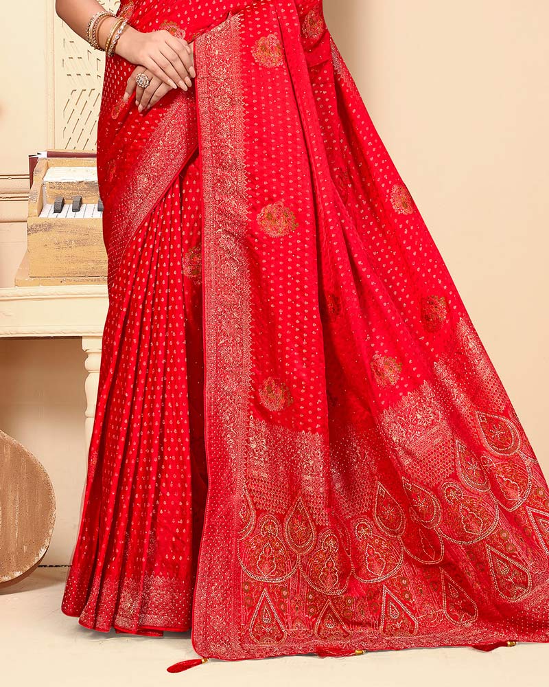 Cadmium Red Designer Dola Silk Saree With Zari Weaving-Diamond Work And Tassel