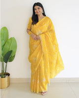 Tulip Yellow Designer Crushed Tissue Saree With Embroidery-Diamond Work And Cut Work Border