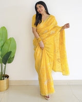 Tulip Yellow Designer Crushed Tissue Saree With Embroidery-Diamond Work And Cut Work Border