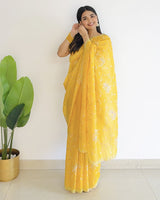 Tulip Yellow Designer Crushed Tissue Saree With Embroidery-Diamond Work And Cut Work Border